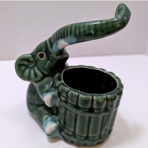 Vtg MCM Green Ceramic Elephant Planter Cigarette Holder Whimsical Lucky Jungle